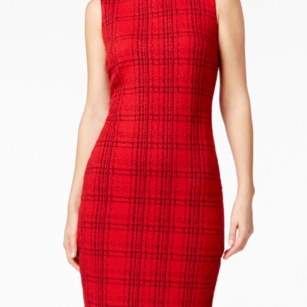Calvin Klein Sleeveless Plaid Sheath Dress, Red/Black